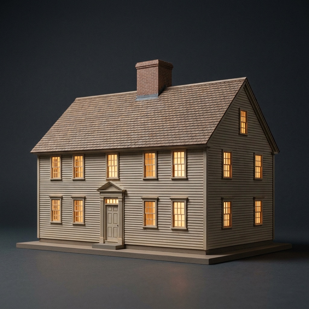 A model home with warmly lit windows